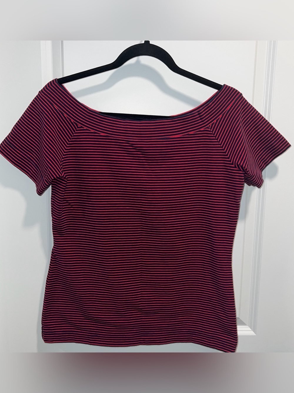 J. Crew Women’s Striped Off-Shoulder Short Sleeve Top in Navy and Red Size L